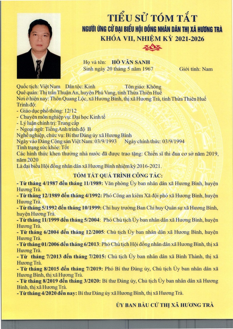 Tiểu sử và chương trình hành động của  ông Hồ Văn Sanh, ứng cử Đại biểu HĐND thị xã khóa VII, nhiệm kỳ 2021 - 2026